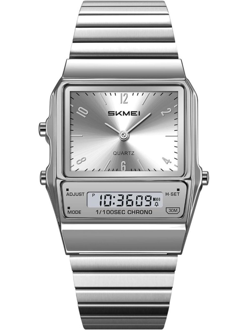 Unisex Silver Digital Analog Retro Square Stainless Steel Stopwatch Wrist Watch